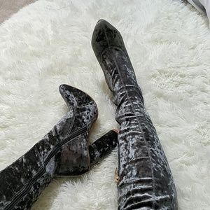 Snug fit Olive Crushed Velvet Thigh High Boots
